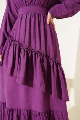 Bel Lastikli Çapraz Katlı Elbise Magenta - Tesettür Elbise