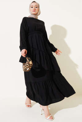 Bel Lastikli Çapraz Katlı Elbise Siyah 