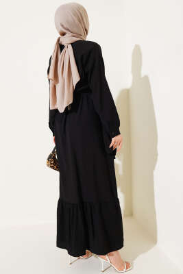 Bel Lastikli Çapraz Katlı Elbise Siyah - Tesettür Elbise