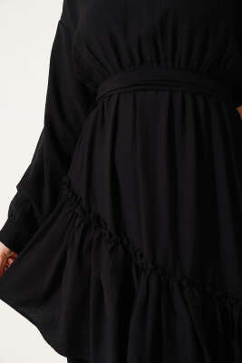 Bel Lastikli Çapraz Katlı Elbise Siyah - Tesettür Elbise