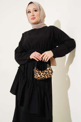 Bel Lastikli Çapraz Katlı Elbise Siyah - Tesettür Elbise