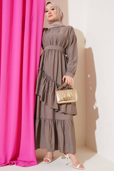 Bel Lastikli Çapraz Katlı Elbise Vizon - Elbise