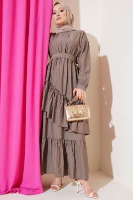 Bel Lastikli Çapraz Katlı Elbise Vizon 