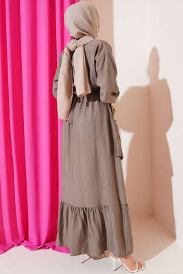 Bel Lastikli Çapraz Katlı Elbise Vizon - Tesettür Elbise