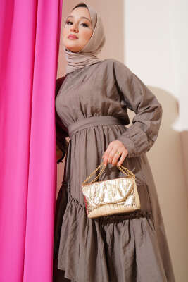 Bel Lastikli Çapraz Katlı Elbise Vizon - Tesettür Elbise