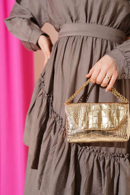 Bel Lastikli Çapraz Katlı Elbise Vizon - Tesettür Elbise