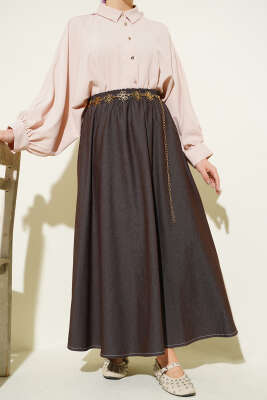 Bel Lastikli Cep Detaylı Kot Etek Kahve - MUSTİ