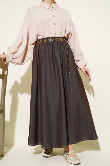 Bel Lastikli Cep Detaylı Kot Etek Kahve - Etek