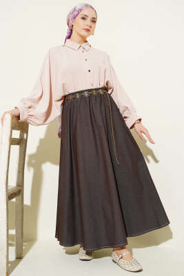 Bel Lastikli Cep Detaylı Kot Etek Kahve - Etek