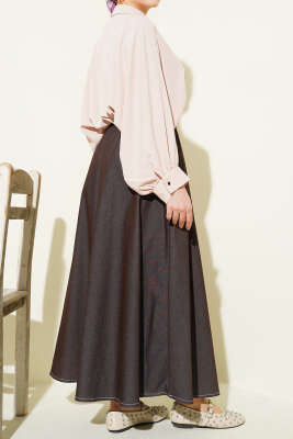 Bel Lastikli Cep Detaylı Kot Etek Kahve - Etek