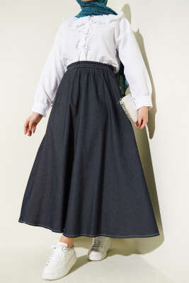 Bel Lastikli Cep Detaylı Kot Etek Lacivert - MUSTİ