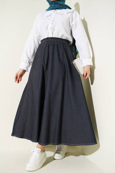 Bel Lastikli Cep Detaylı Kot Etek Lacivert - Etek