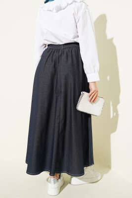 Bel Lastikli Cep Detaylı Kot Etek Lacivert - Etek