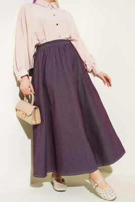 Bel Lastikli Cep Detaylı Kot Etek Mürdüm - MUSTİ