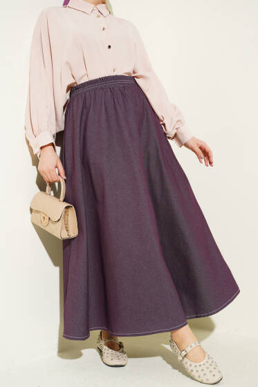 Bel Lastikli Cep Detaylı Kot Etek Mürdüm - Etek