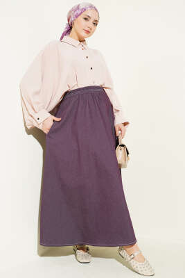 Bel Lastikli Cep Detaylı Kot Etek Mürdüm - Etek