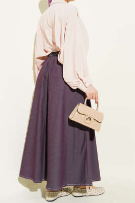 Bel Lastikli Cep Detaylı Kot Etek Mürdüm - Etek