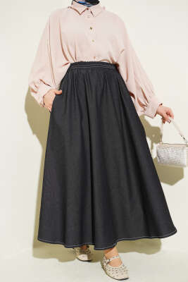 Bel Lastikli Cep Detaylı Kot Etek Siyah - MUSTİ