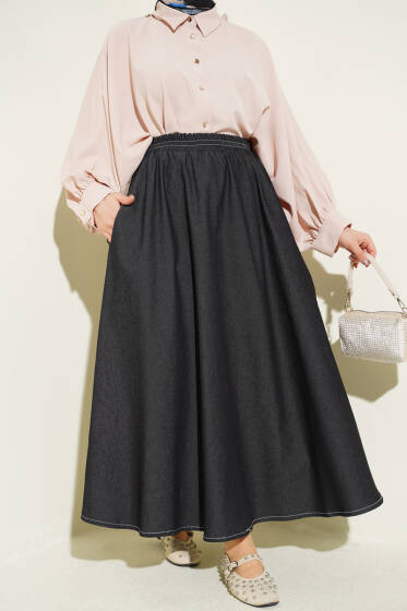 Bel Lastikli Cep Detaylı Kot Etek Siyah - Etek