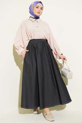 Bel Lastikli Cep Detaylı Kot Etek Siyah - Etek