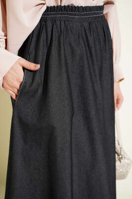 Bel Lastikli Cep Detaylı Kot Etek Siyah - Etek