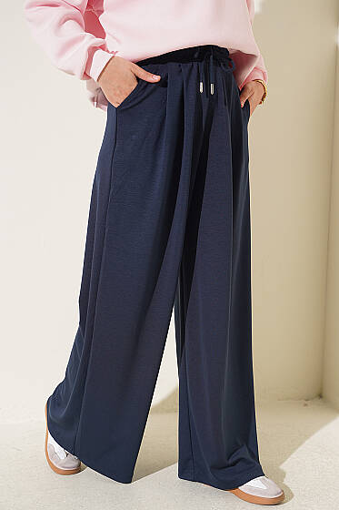 Bel Lastikli Cep Detaylı Pantolon Lacivert - Pantolon