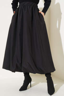 Bel Lastikli Cepli Balon Etek Siyah - Uzun Etek