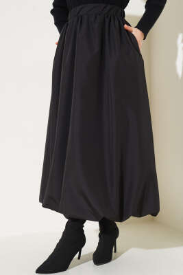 Bel Lastikli Cepli Balon Etek Siyah - Uzun Etek