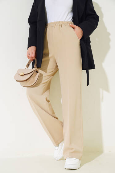 Bel Lastikli Cepli Bol Paça Pantolon Camel - Pantolon