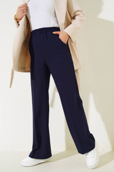 Bel Lastikli Cepli Bol Paça Pantolon Lacivert - Pantolon