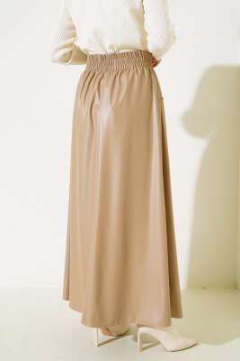 Bel Lastikli Cepli Deri Etek Bej - Uzun Etek