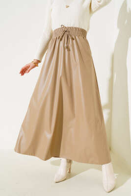 Bel Lastikli Cepli Deri Etek Bej - Uzun Etek
