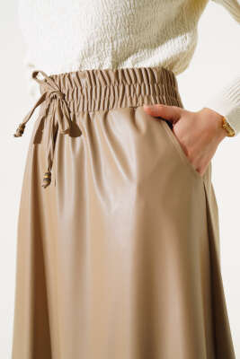 Bel Lastikli Cepli Deri Etek Bej - Uzun Etek