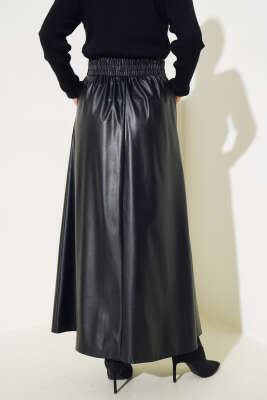 Bel Lastikli Cepli Deri Etek Siyah - Uzun Etek