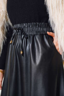 Bel Lastikli Cepli Deri Etek Siyah - Uzun Etek