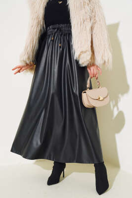 Bel Lastikli Cepli Deri Etek Siyah - Uzun Etek