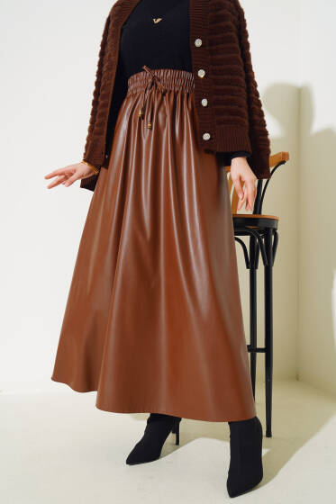 Bel Lastikli Cepli Deri Etek Taba - Etek