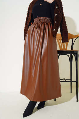 Bel Lastikli Cepli Deri Etek Taba - Uzun Etek