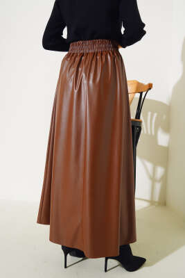 Bel Lastikli Cepli Deri Etek Taba - Uzun Etek
