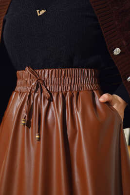 Bel Lastikli Cepli Deri Etek Taba - Uzun Etek