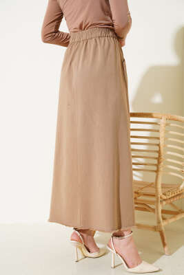 Bel Lastikli Cepli Gabardin Etek Camel - Uzun Etek