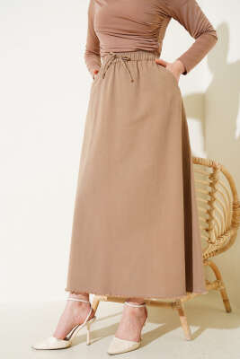 Bel Lastikli Cepli Gabardin Etek Camel - Uzun Etek