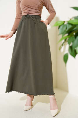 Bel Lastikli Cepli Gabardin Etek Haki - Uzun Etek