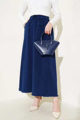 Bel Lastikli Cepli Gabardin Etek Lacivert - Uzun Etek
