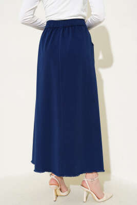 Bel Lastikli Cepli Gabardin Etek Lacivert - Uzun Etek