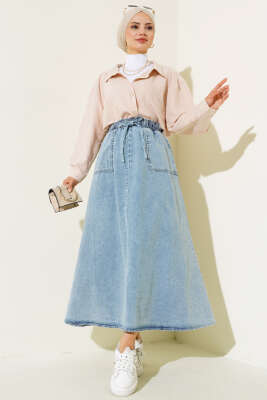 Bel Lastikli Cepli Kot Etek Kot Mavisi - Uzun Etek