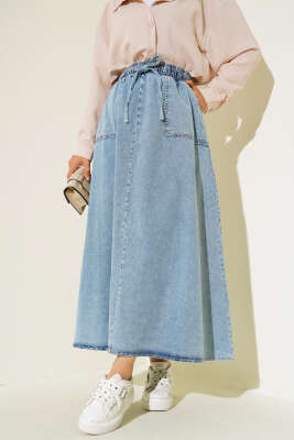 Bel Lastikli Cepli Kot Etek Kot Mavisi - Uzun Etek