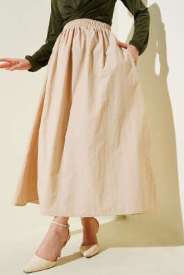 Bel Lastikli Cepli Paraşüt Etek Bej - Uzun Etek