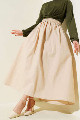 Bel Lastikli Cepli Paraşüt Etek Bej - Uzun Etek