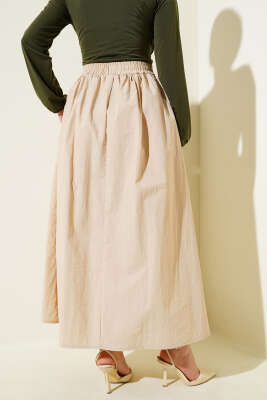Bel Lastikli Cepli Paraşüt Etek Bej - Uzun Etek